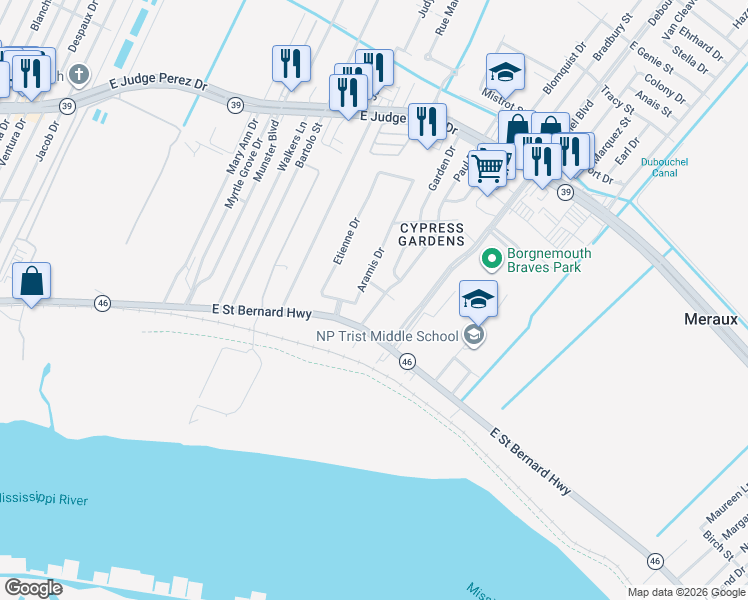 map of restaurants, bars, coffee shops, grocery stores, and more near 2324 Aramis Drive in Meraux