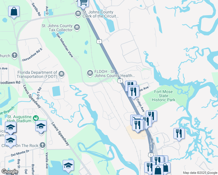 map of restaurants, bars, coffee shops, grocery stores, and more near 100 Lasa Drive in St. Augustine