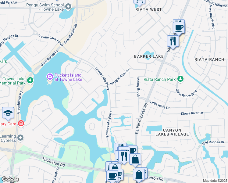 map of restaurants, bars, coffee shops, grocery stores, and more near 10415 Three Rivers Way in Cypress