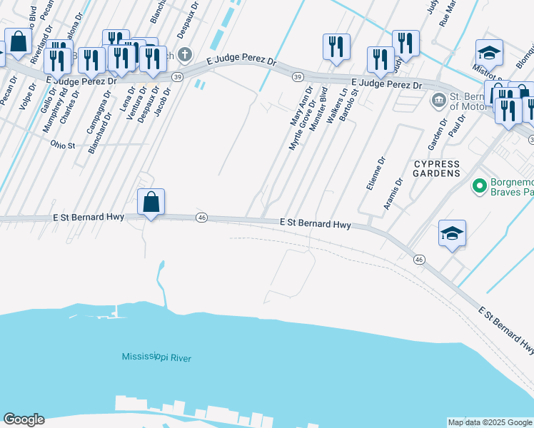 map of restaurants, bars, coffee shops, grocery stores, and more near 2009 Munster Boulevard in Meraux