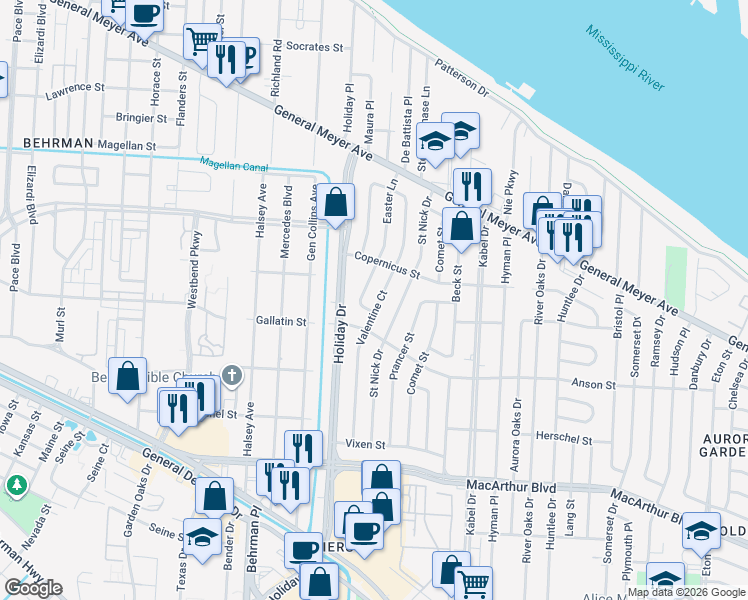 map of restaurants, bars, coffee shops, grocery stores, and more near 2249 Valentine Court in New Orleans