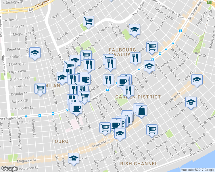 map of restaurants, bars, coffee shops, grocery stores, and more near 2833 Saint Charles Avenue in New Orleans