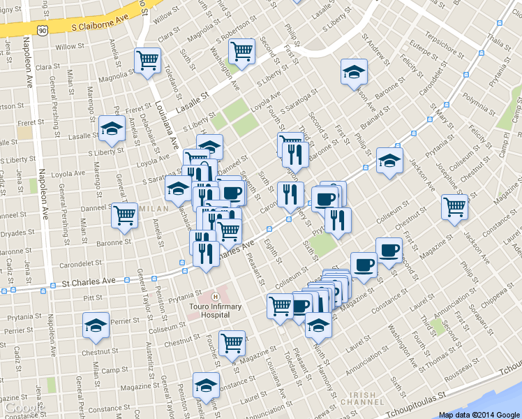 map of restaurants, bars, coffee shops, grocery stores, and more near 2913 Carondelet Street in New Orleans