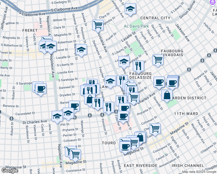map of restaurants, bars, coffee shops, grocery stores, and more near 1916 Delachaise Street in New Orleans