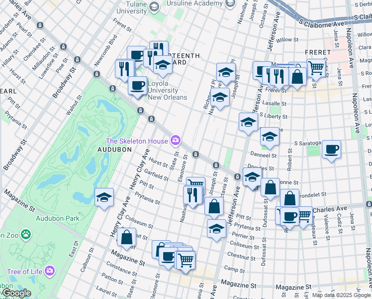 map of restaurants, bars, coffee shops, grocery stores, and more near 1 Rosa Park in New Orleans