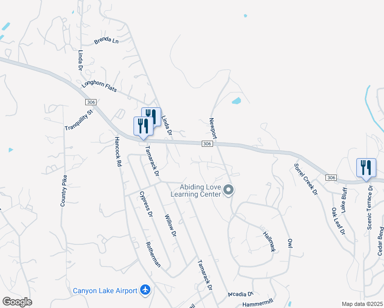 map of restaurants, bars, coffee shops, grocery stores, and more near 20681 Farm to Market Road 306 in Canyon Lake
