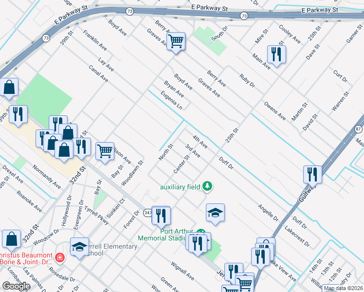map of restaurants, bars, coffee shops, grocery stores, and more near 5245 North Street in Groves