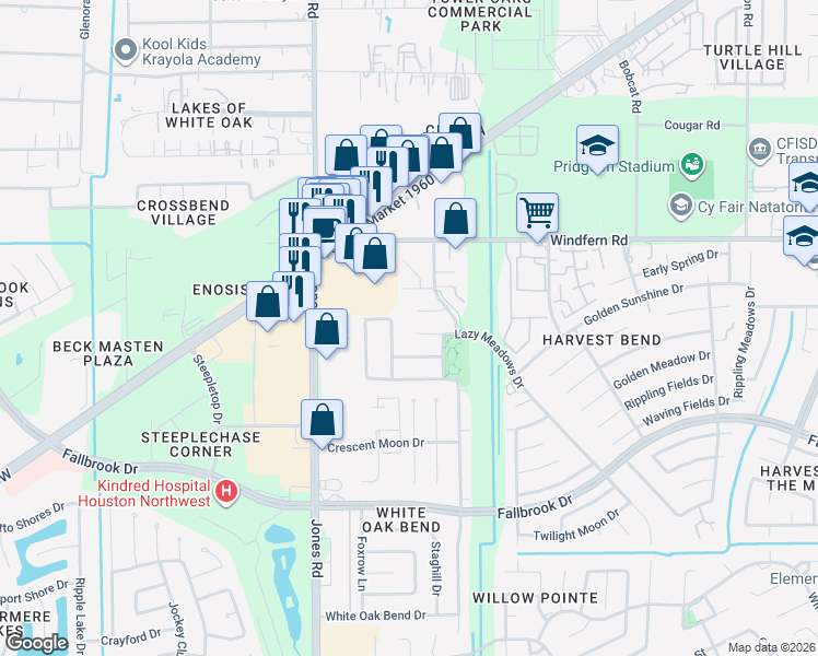 map of restaurants, bars, coffee shops, grocery stores, and more near 10734 Whispering Meadows Trail in Houston