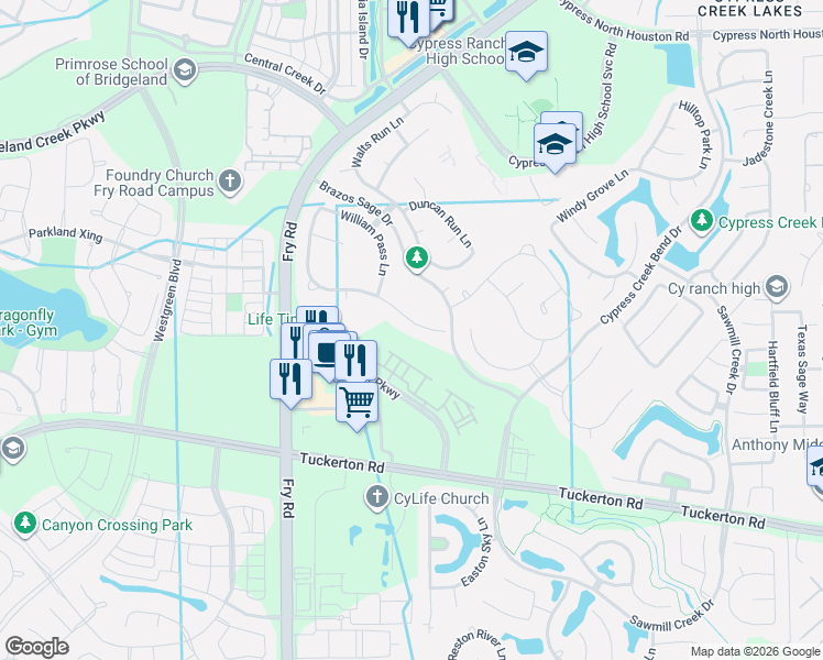 map of restaurants, bars, coffee shops, grocery stores, and more near 20615 Behrens Pass Lane in Cypress