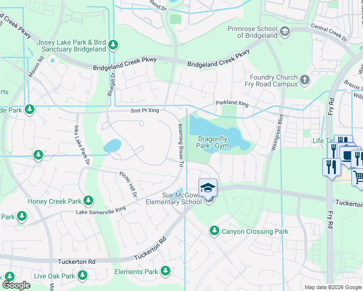 map of restaurants, bars, coffee shops, grocery stores, and more near Roaming Bison Trail in Harris County