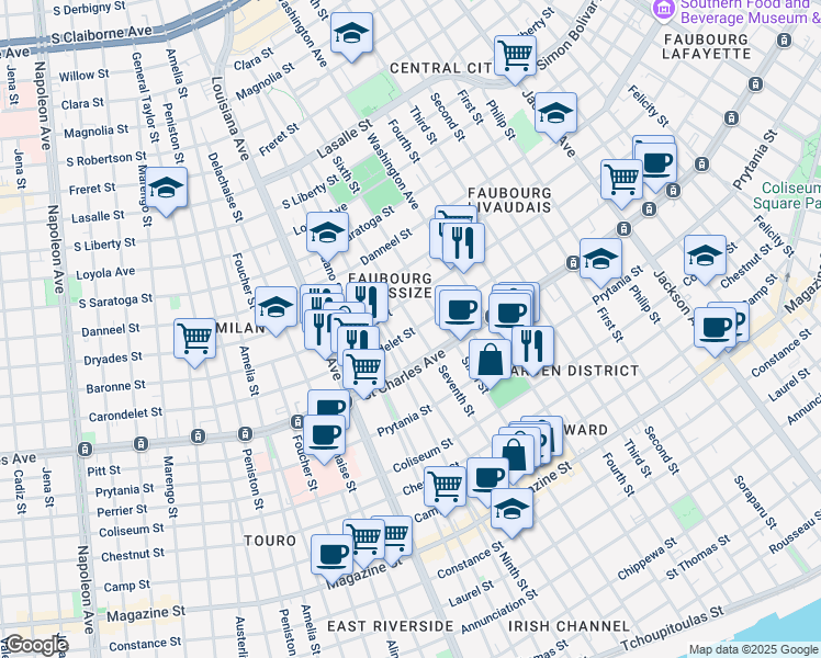 map of restaurants, bars, coffee shops, grocery stores, and more near 2913 Carondelet Street in New Orleans
