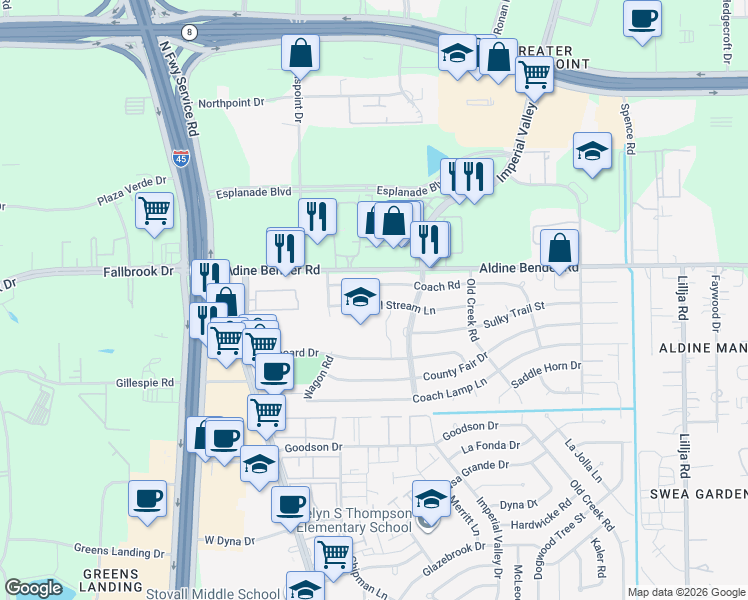 map of restaurants, bars, coffee shops, grocery stores, and more near 134 Coach Road in Houston