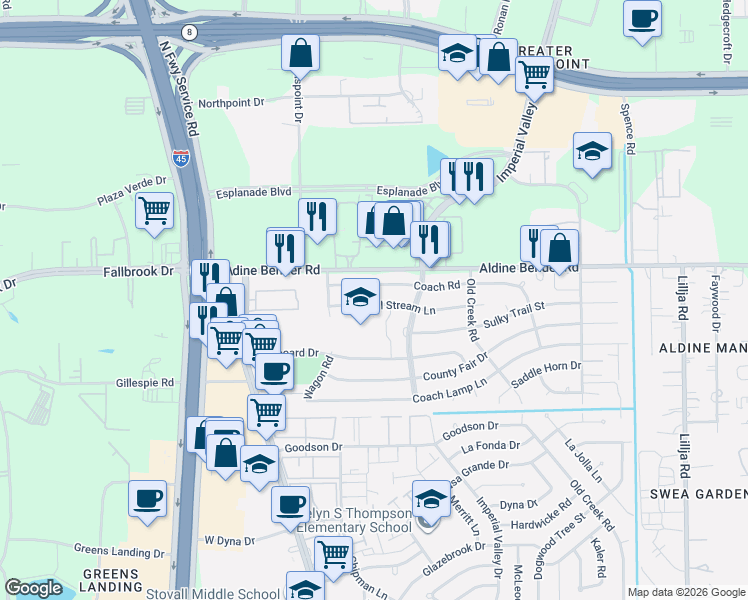 map of restaurants, bars, coffee shops, grocery stores, and more near 134 Coach Road in Houston
