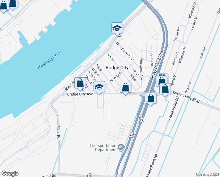 map of restaurants, bars, coffee shops, grocery stores, and more near 212 9th Street in Bridge City