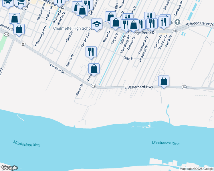 map of restaurants, bars, coffee shops, grocery stores, and more near 2012 Charles Drive in Chalmette