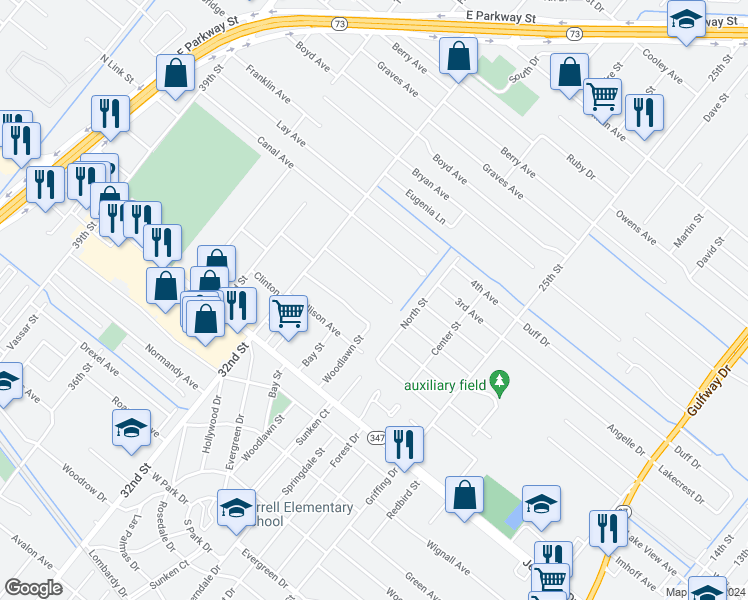 map of restaurants, bars, coffee shops, grocery stores, and more near 3019 High Avenue in Groves