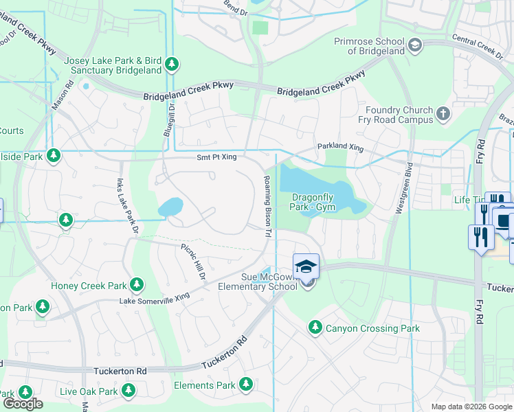 map of restaurants, bars, coffee shops, grocery stores, and more near Roaming Bison Trail in Cypress
