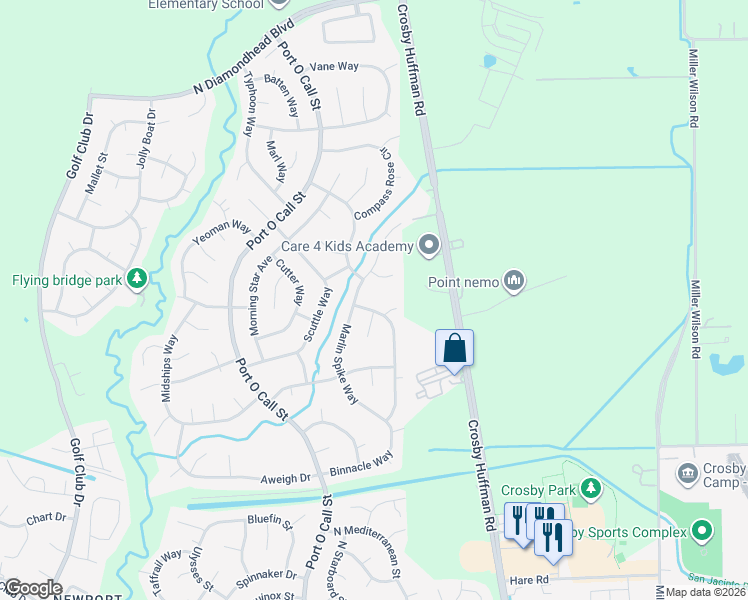 map of restaurants, bars, coffee shops, grocery stores, and more near 319 Squall Court in Crosby