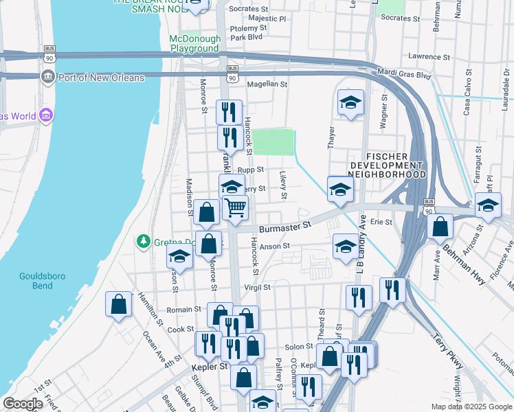map of restaurants, bars, coffee shops, grocery stores, and more near 911 Isabell Street in Gretna