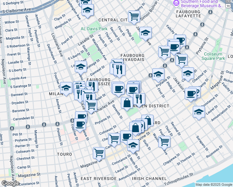 map of restaurants, bars, coffee shops, grocery stores, and more near in New Orleans