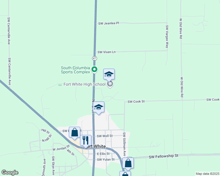 map of restaurants, bars, coffee shops, grocery stores, and more near 17828 Florida 47 in Fort White