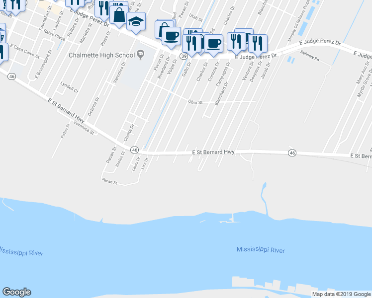 map of restaurants, bars, coffee shops, grocery stores, and more near 1912 Barcelona Drive in Chalmette