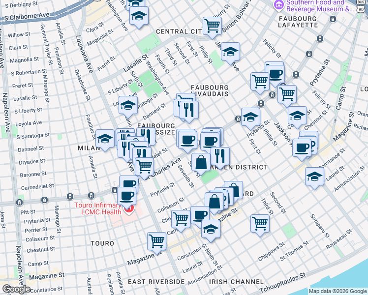 map of restaurants, bars, coffee shops, grocery stores, and more near in New Orleans