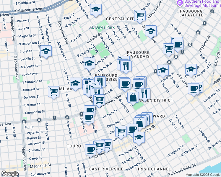 map of restaurants, bars, coffee shops, grocery stores, and more near 2913 Carondelet Street in New Orleans