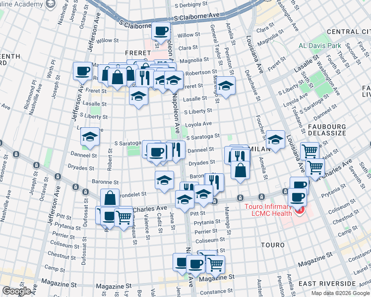 map of restaurants, bars, coffee shops, grocery stores, and more near in New Orleans