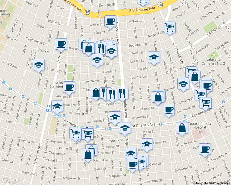 map of restaurants, bars, coffee shops, grocery stores, and more near 2025 Jena Street in New Orleans