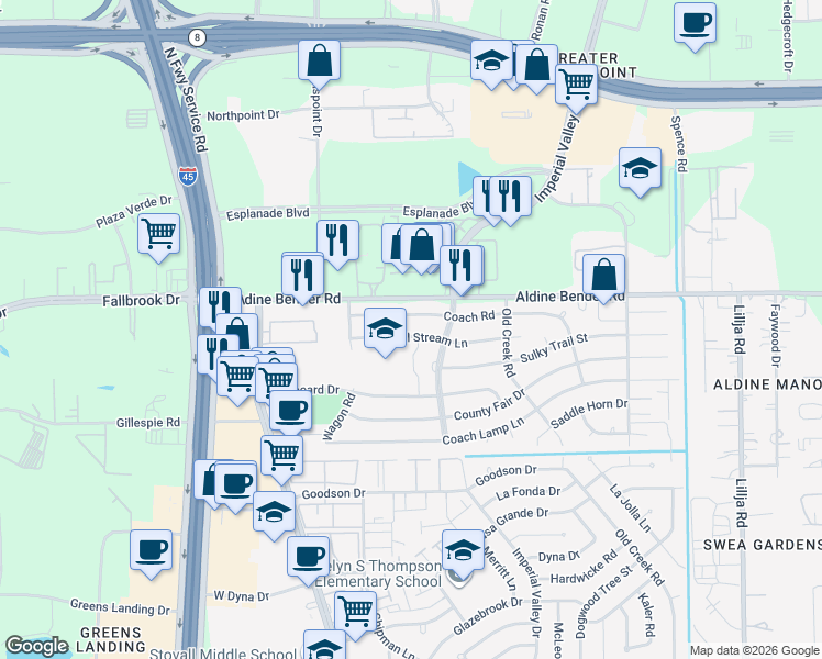 map of restaurants, bars, coffee shops, grocery stores, and more near 134 Coach Road in Houston