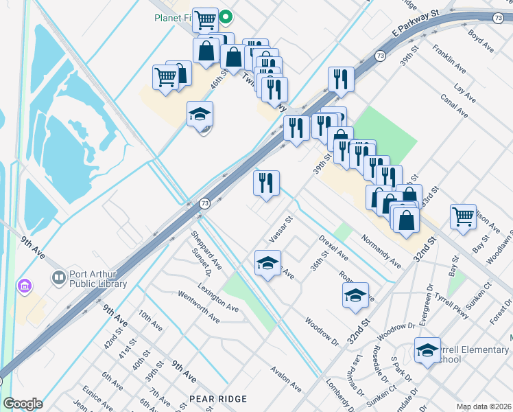 map of restaurants, bars, coffee shops, grocery stores, and more near 4513 Briarwood Lane in Port Arthur