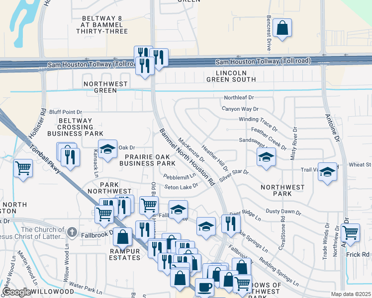 map of restaurants, bars, coffee shops, grocery stores, and more near 10619 Mackenzie Drive in Houston