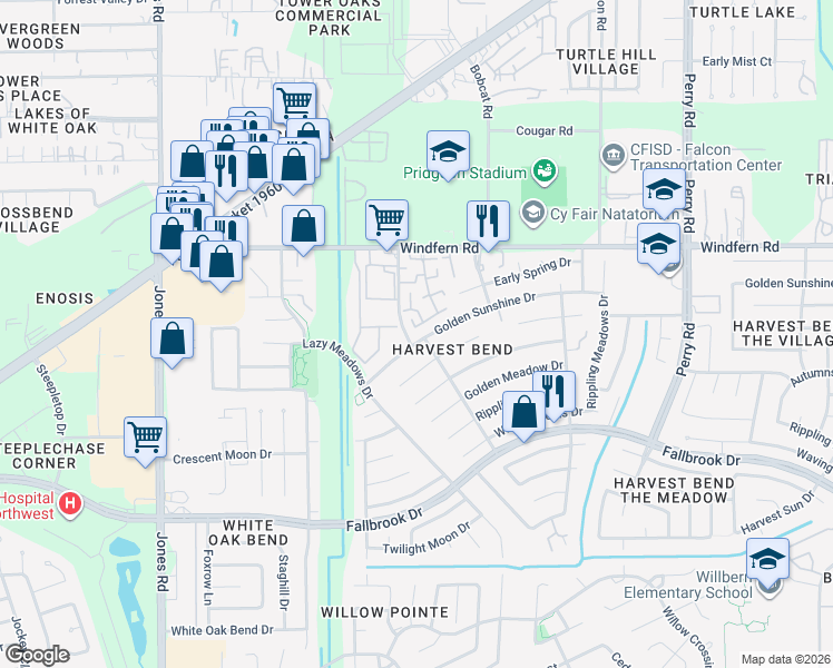map of restaurants, bars, coffee shops, grocery stores, and more near 1507 Summer Harvest Drive in Houston