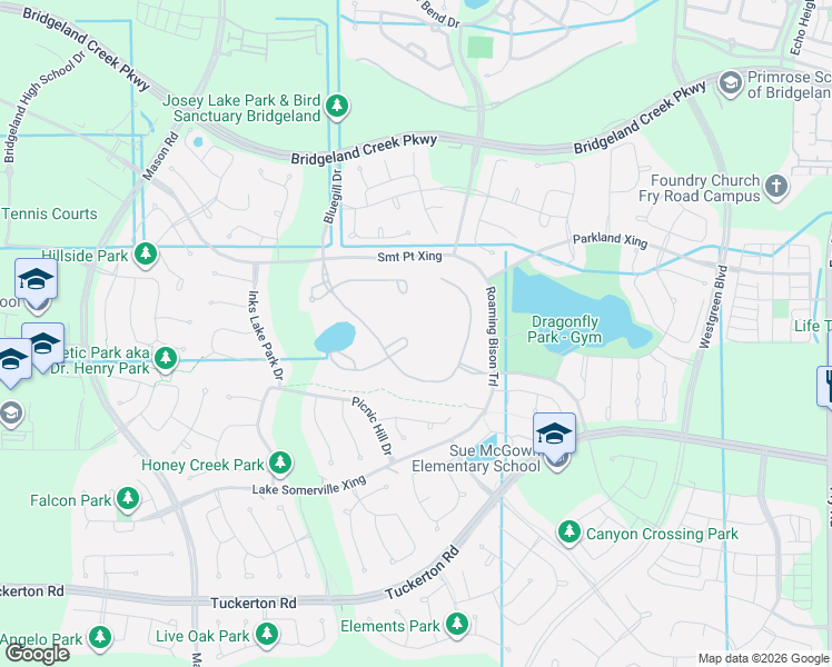 map of restaurants, bars, coffee shops, grocery stores, and more near Bluegill Drive in Cypress