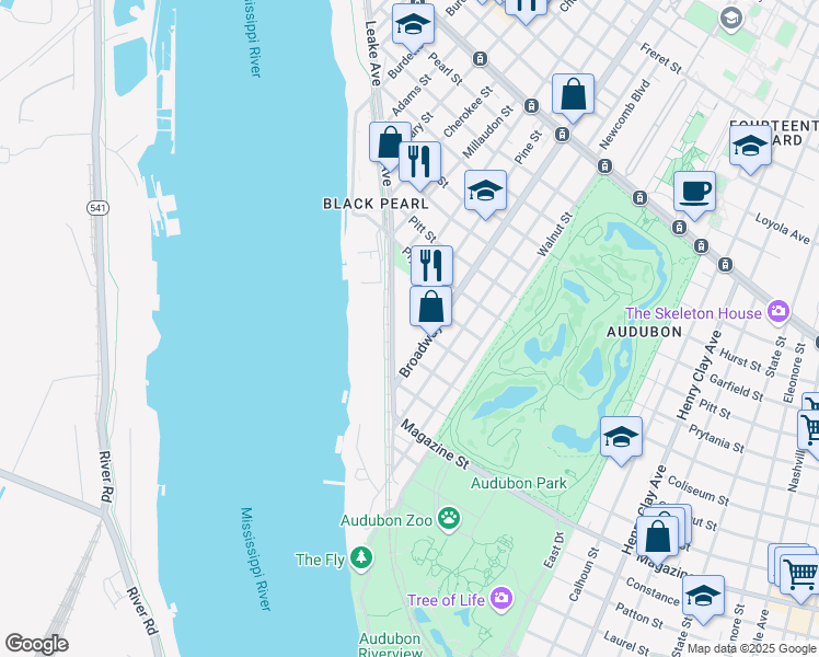 map of restaurants, bars, coffee shops, grocery stores, and more near 200 Broadway Street in New Orleans