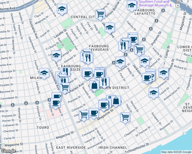 map of restaurants, bars, coffee shops, grocery stores, and more near 2742 Saint Charles Avenue in New Orleans