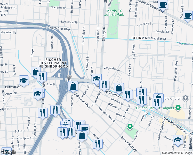 map of restaurants, bars, coffee shops, grocery stores, and more near 2420 Lauradale Drive in New Orleans