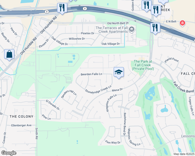 map of restaurants, bars, coffee shops, grocery stores, and more near 7319 Emerald Glade Lane in Humble