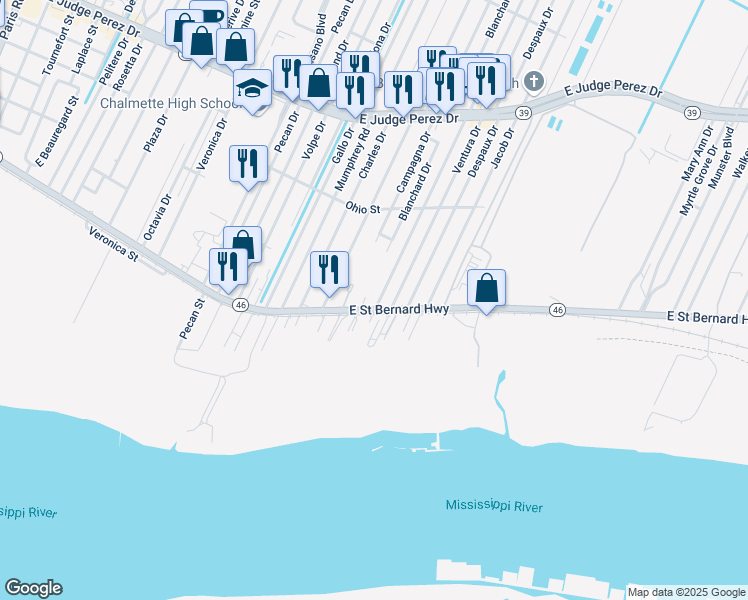 map of restaurants, bars, coffee shops, grocery stores, and more near 2012 Lena Drive in Chalmette