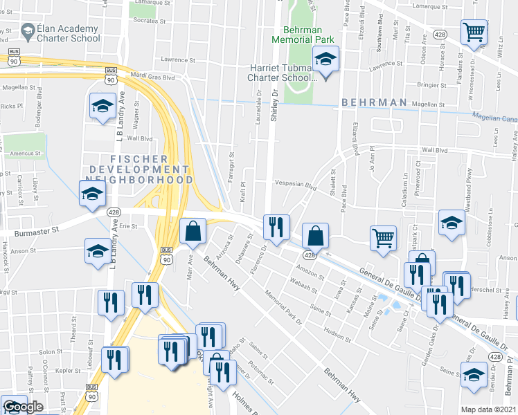 map of restaurants, bars, coffee shops, grocery stores, and more near 2410 Lauradale Drive in New Orleans