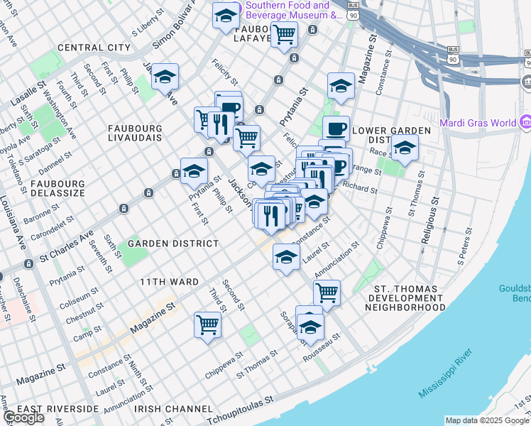 map of restaurants, bars, coffee shops, grocery stores, and more near in New Orleans