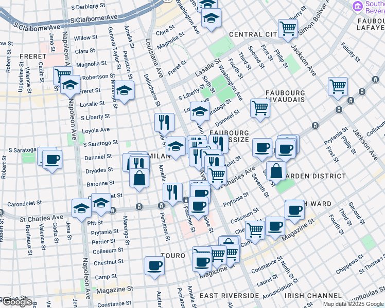 map of restaurants, bars, coffee shops, grocery stores, and more near 1838 Louisiana Avenue in New Orleans