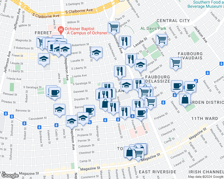 map of restaurants, bars, coffee shops, grocery stores, and more near 3700 Danneel Street in New Orleans