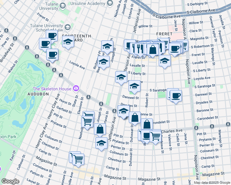 map of restaurants, bars, coffee shops, grocery stores, and more near 1824 Jefferson Avenue in New Orleans