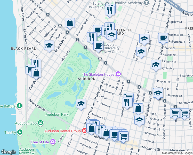 map of restaurants, bars, coffee shops, grocery stores, and more near 1527 Calhoun Street in New Orleans