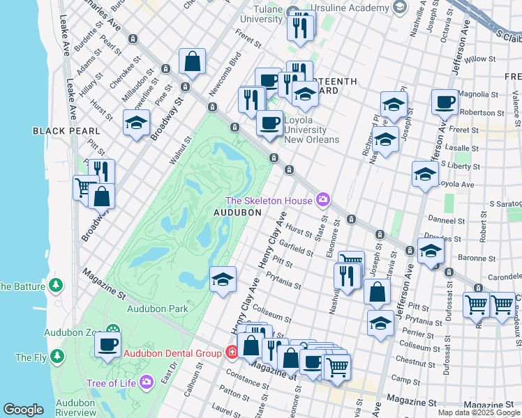 map of restaurants, bars, coffee shops, grocery stores, and more near 1503 Exposition Boulevard in New Orleans