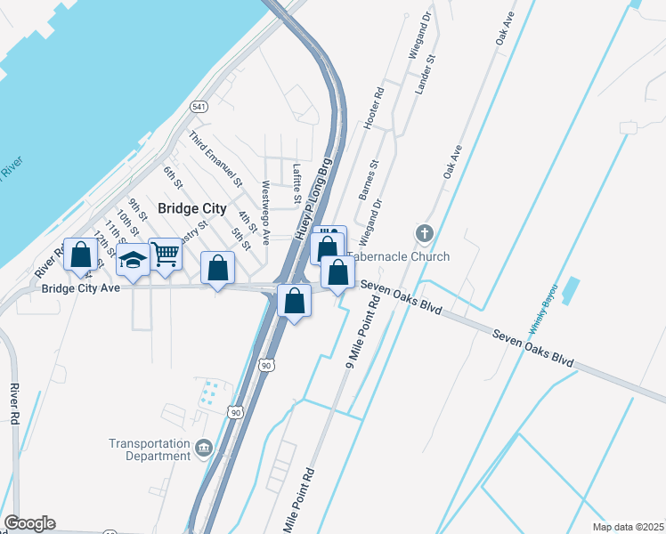 map of restaurants, bars, coffee shops, grocery stores, and more near 1312 Bolo Court in Bridge City