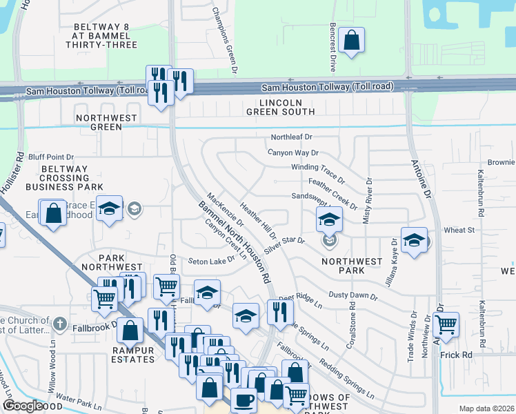map of restaurants, bars, coffee shops, grocery stores, and more near 10518 Heather Hill Drive in Houston