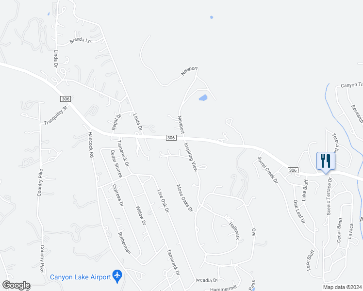 map of restaurants, bars, coffee shops, grocery stores, and more near 20605 Farm to Market Road 306 in Canyon Lake